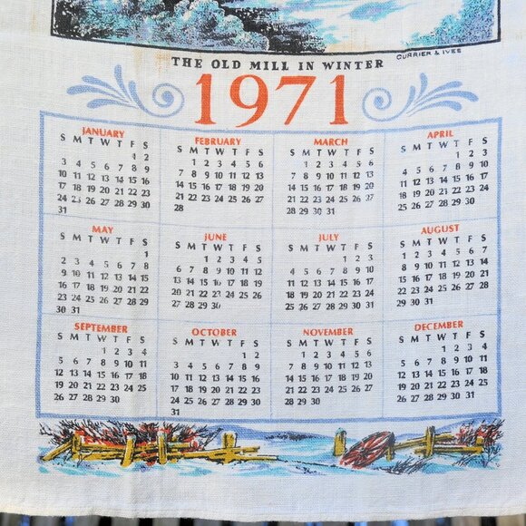 Vintage 1971 Linen Calendar Towel 'Old Mill in Winter' Currier & Ives Watermill - Picture 7 of 8